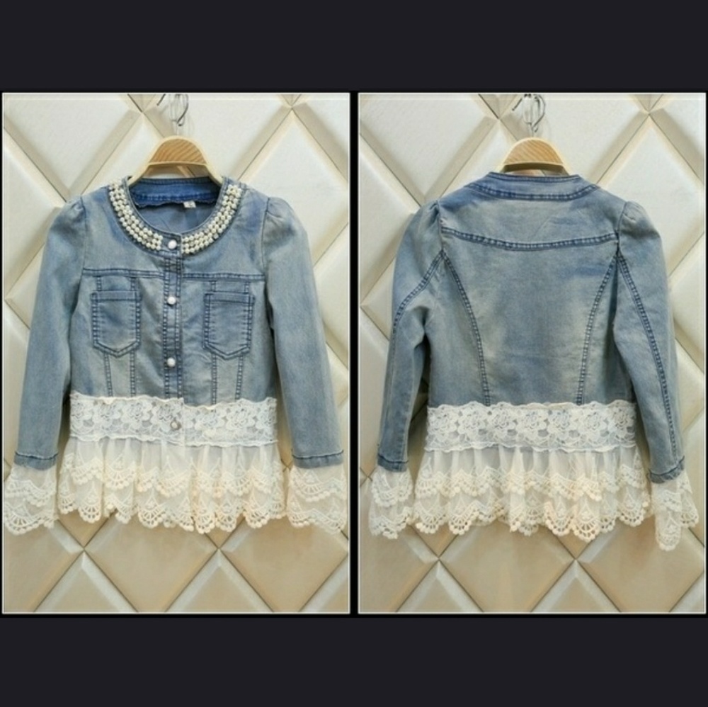 New Women Casual Denim Pearl Lace Jacket